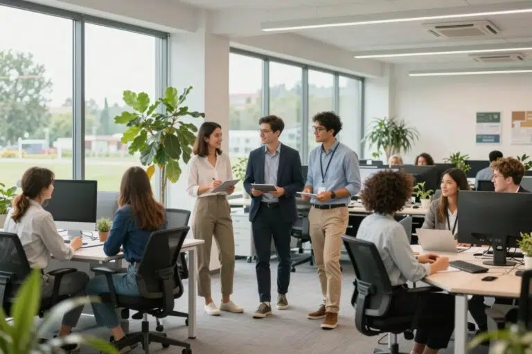Diverses Team baut Unternehmenskultur und Werte in modernem Büro