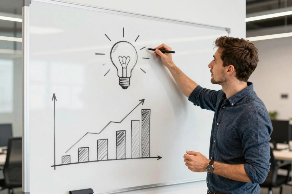 Unternehmer zeichnet Businessplan mit Ideen-Skizzen auf Whiteboard