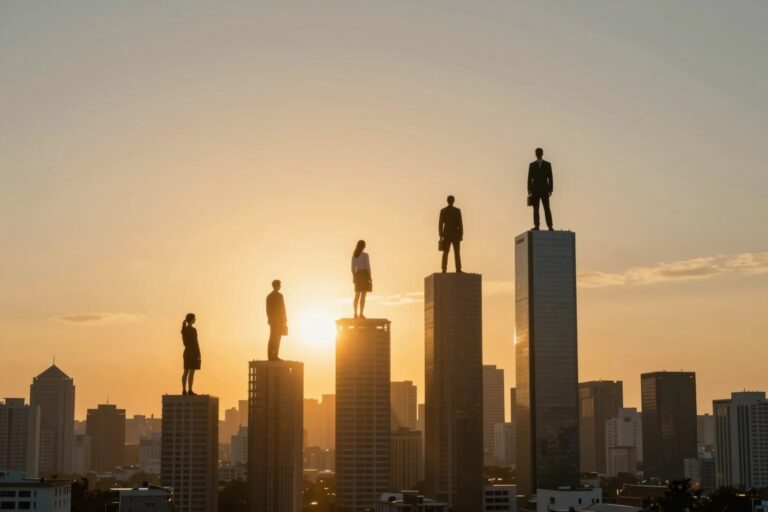 Aufsteigende Treppe als Symbol für Unternehmenswachstum — Skyline bei Sonnenaufgang