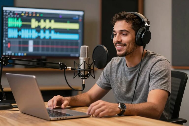 Podcast-Host nimmt Episode in professionellem Home-Studio auf