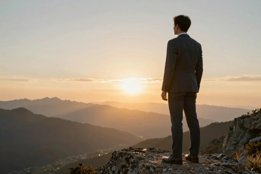 Selbstbewusster Profi blickt vom Berggipfel in den Sonnenaufgang — Erfolgsmindset