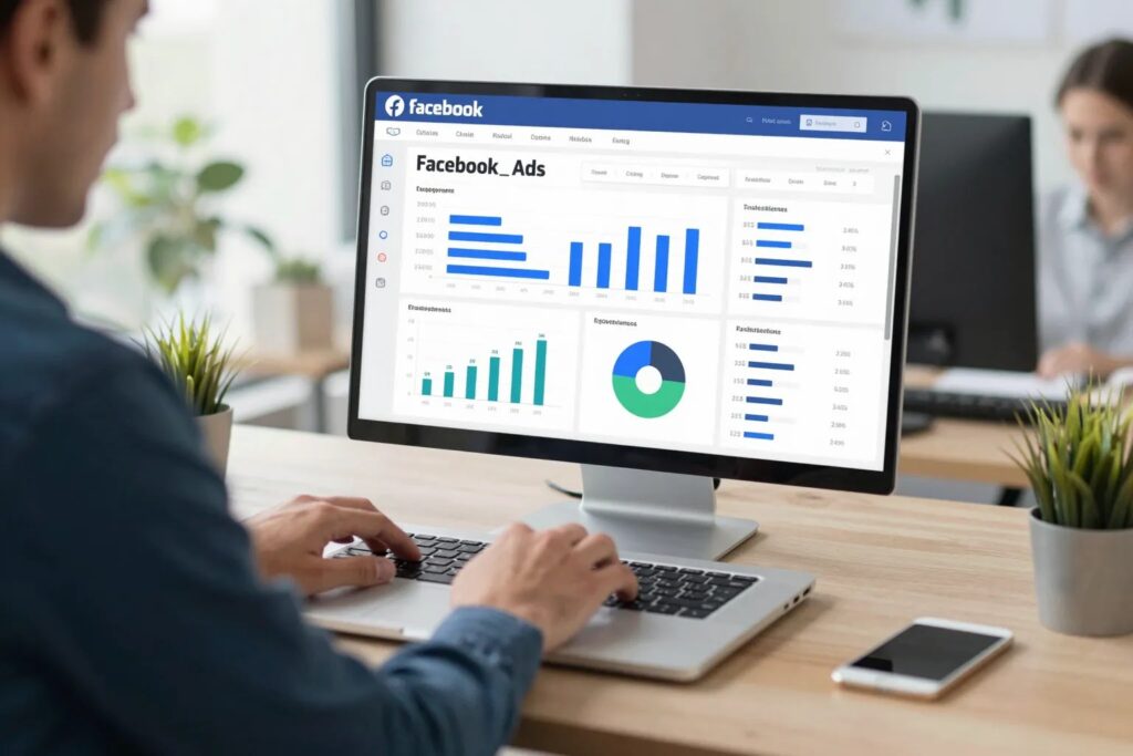 Marketer erstellt Facebook-Ads-Kampagne mit Targeting und Metriken