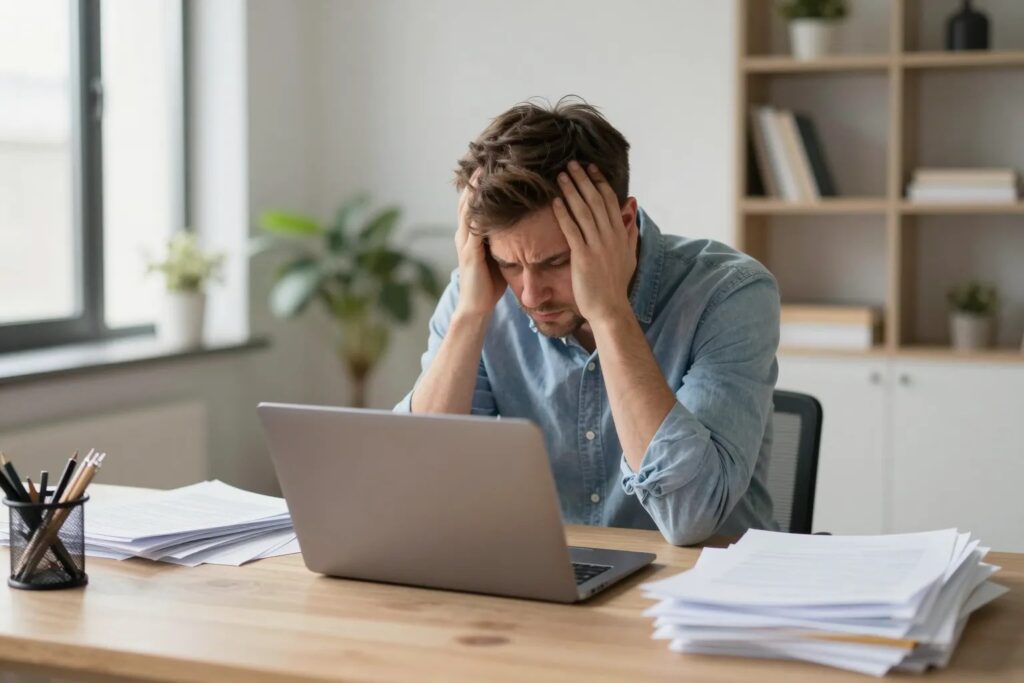 Frustrierter Selbstständiger umgeben von Papierkram und Laptop-Chaos