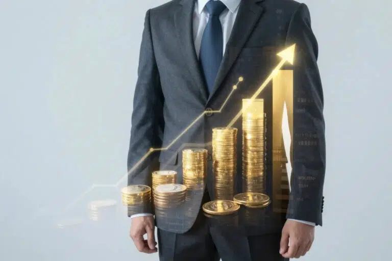 Conceptuelle Doppelbelichtung — Geschäftsmann mit aufsteigenden Finanzgraphen und Goldmünzen