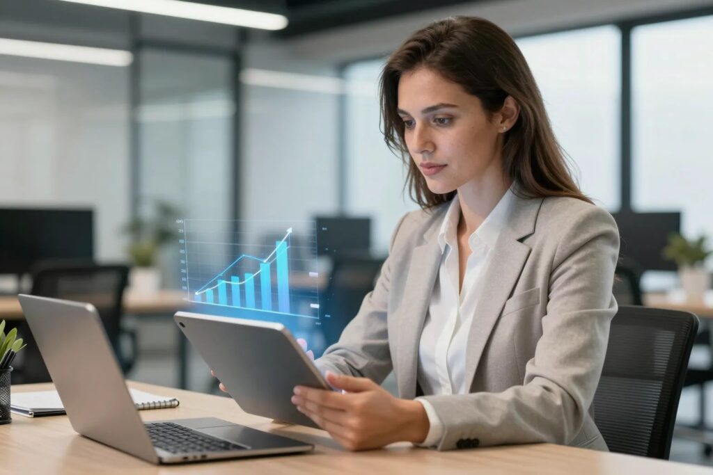 Geschäftsfrau analysiert Investment-Portfolio mit Wachstumskurven auf Tablet