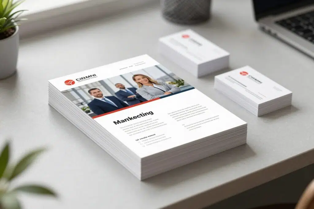 Stapel hochwertig designter Broschüren, Flyer und Visitenkarten