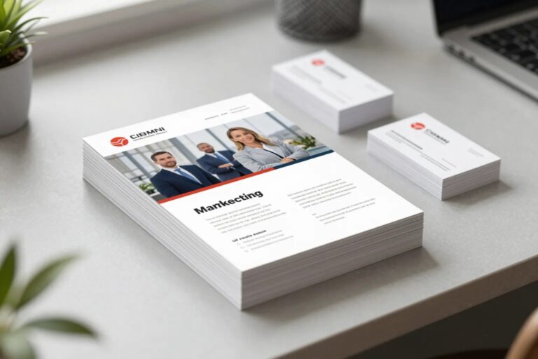 Stapel hochwertig designter Broschüren, Flyer und Visitenkarten