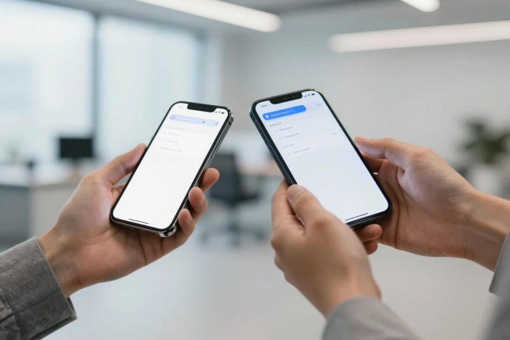 Zwei Geschäftsleute teilen Mediendateien über Smartphone-Apps
