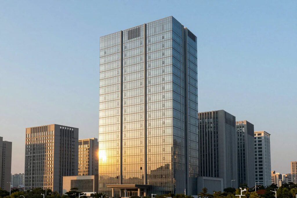 Elegantes Glasgebäude reflektiert kleinere Tochterunternehmen — Holding-Struktur