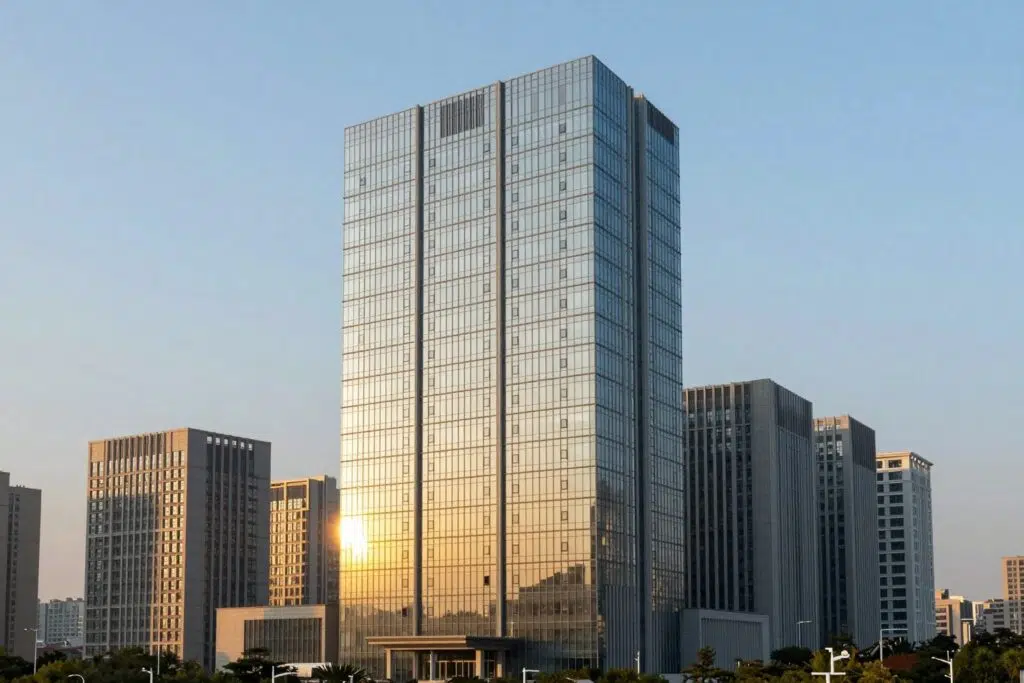 Elegantes Glasgebäude reflektiert kleinere Tochterunternehmen — Holding-Struktur