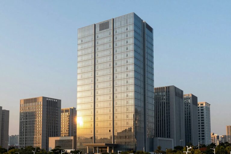 Elegantes Glasgebäude reflektiert kleinere Tochterunternehmen — Holding-Struktur