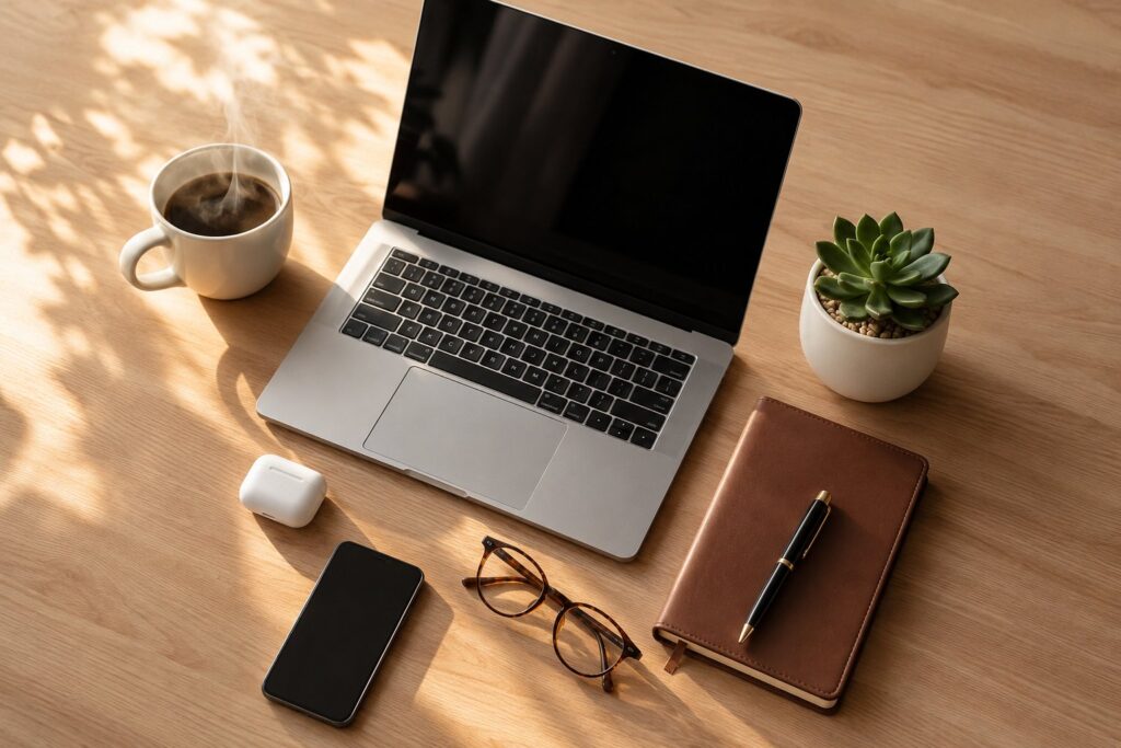 Aufgeräumter Home-Office Schreibtisch mit Laptop, Kaffee, Notizbuch, Pflanze und Smartphone im warmen Morgenlicht