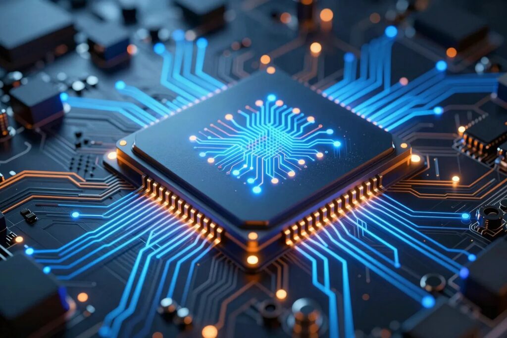 Künstliche Intelligenz Mikroprozessor mit leuchtenden Schaltkreisen — Symbol für KI-Technologie
