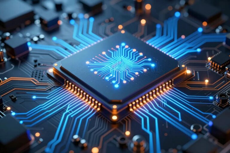 Künstliche Intelligenz Mikroprozessor mit leuchtenden Schaltkreisen — Symbol für KI-Technologie
