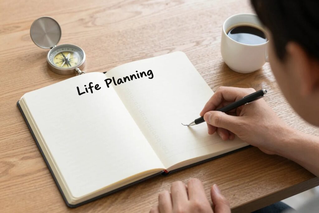 Person plant Leben mit Notizbuch, Kompass und Kaffee
