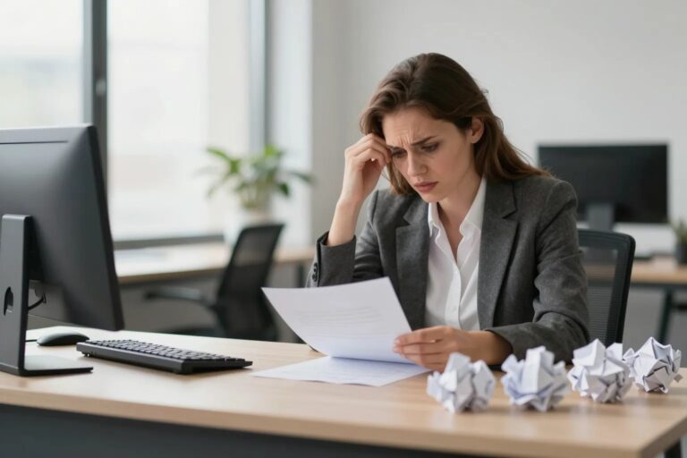 Geschäftsfrau zerknüllt Papier am Schreibtisch — Symbol für Marketing-Fehler und Lernen
