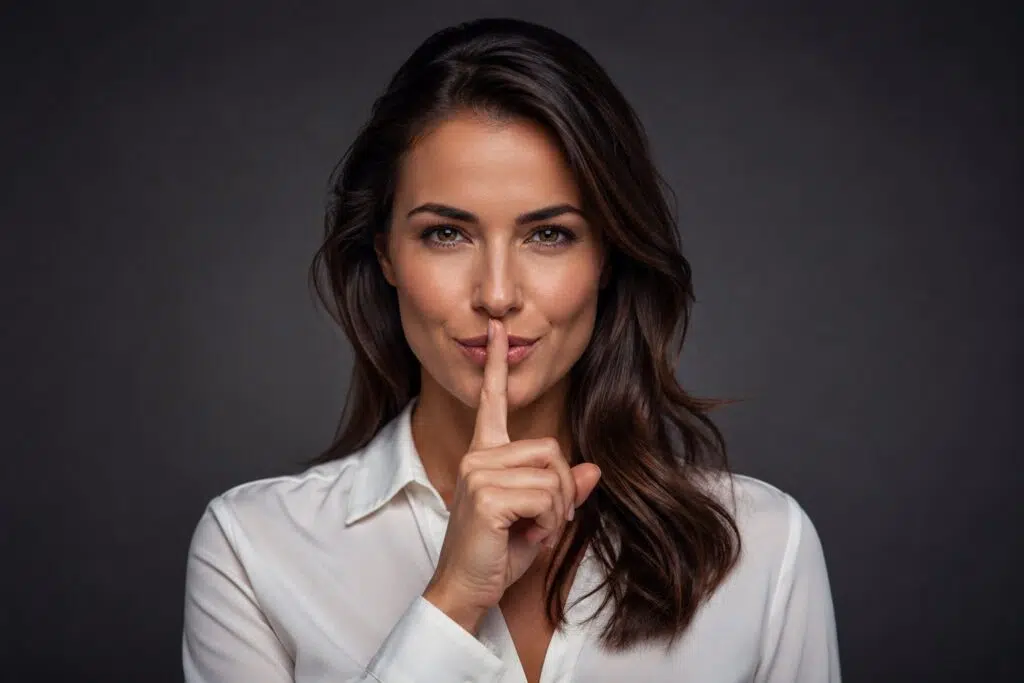 Professionelle Frau mit Finger an den Lippen — symbolische Geste für Marketing-Geheimnisse