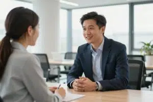 Business-Mentor im Gespräch mit einem jungen Unternehmer in modernem Büro