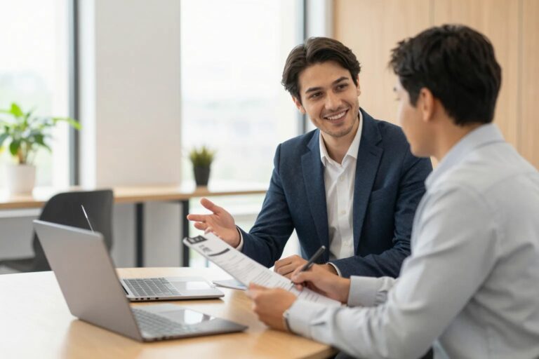 HR-Manager im Bewerbungsgespräch mit Kandidat in modernem Büro