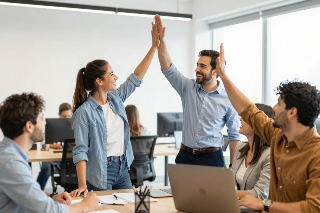 Motivierte Mitarbeiter feiern Erfolg im modernen Büro — Team-Motivation