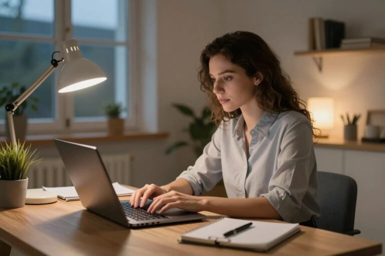 Junge Frau arbeitet abends an ihrem Nebenbusiness im Home-Office