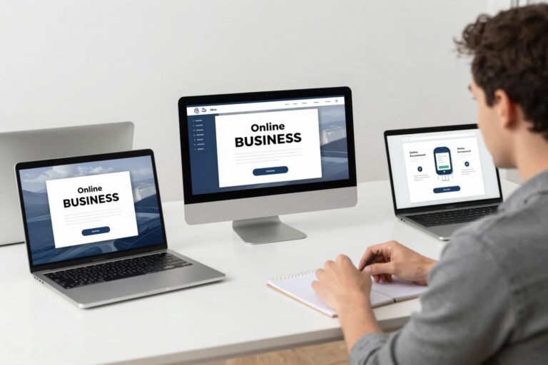 Unternehmer mit mehreren Devices und verschiedenen Online-Business-Konzepten