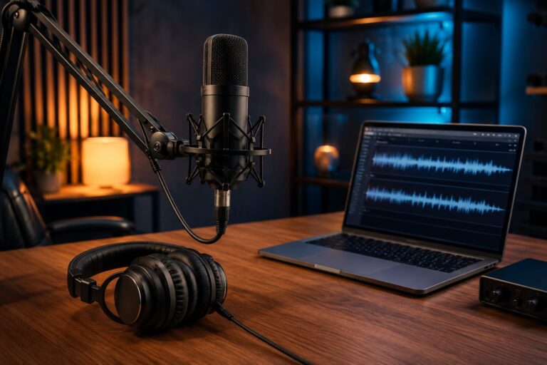 Professionelles Podcast-Studio mit Mikrofon, Kopfhörern, Laptop mit Audio-Wellenform und warmem Ambient-Licht