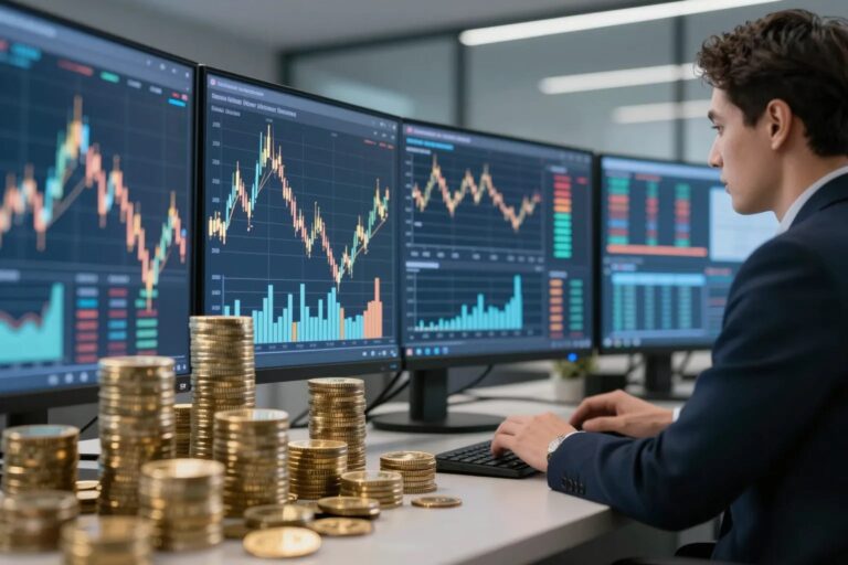 Private-Equity-Konzept — moderner Investor analysiert Finanzdaten auf mehreren Bildschirmen