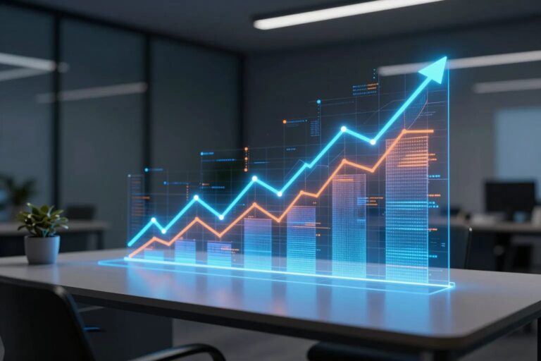 Abstrakte holographische Wachstumskurve über modernem Schreibtisch — Symbol für Sales-Strategie