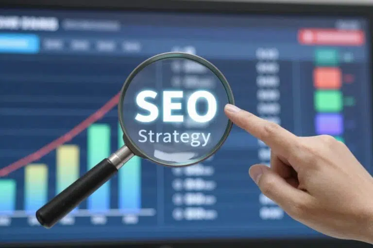 Lupe über SEO-Dashboard mit Ranking-Daten und Analytics