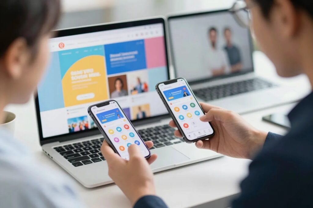 Zwei Profis besprechen Social-Media-Inhalte auf Smartphone und Laptop