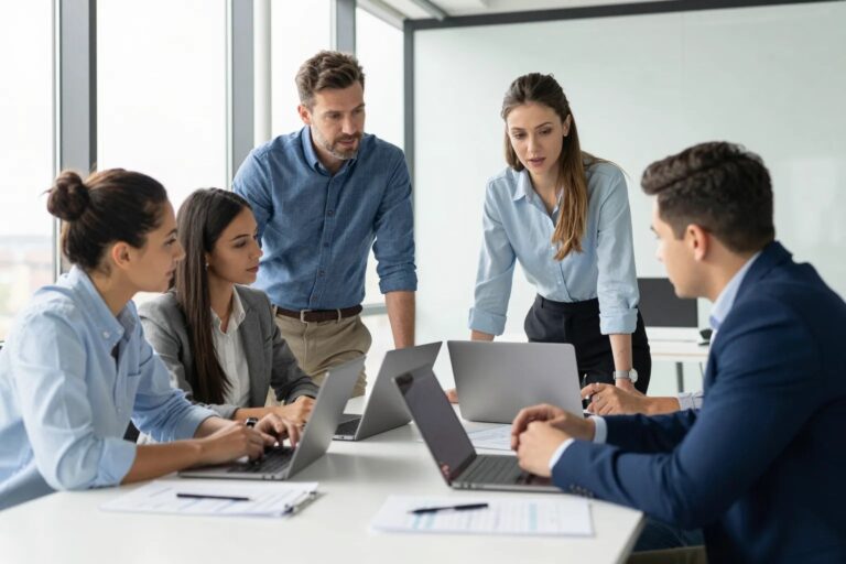 Diverses Geschäftsteam arbeitet zusammen an einem Tisch mit Laptops