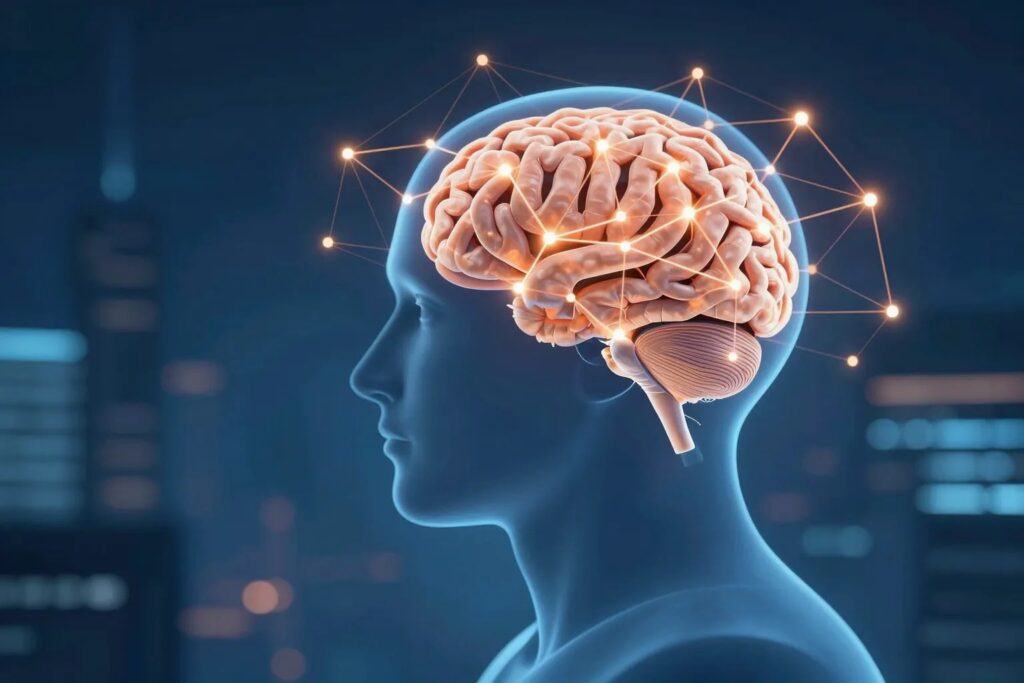 Konzept Verkaufspsychologie — menschliche Silhouette mit Gehirn-Visualisierung