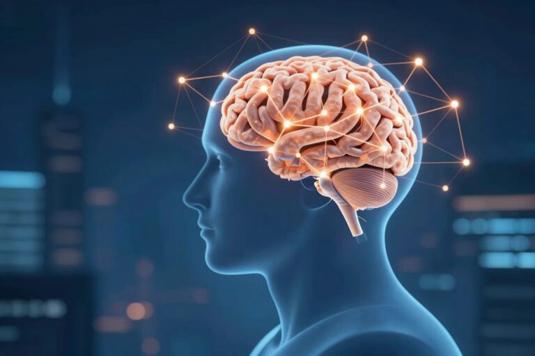 Konzept Verkaufspsychologie — menschliche Silhouette mit Gehirn-Visualisierung