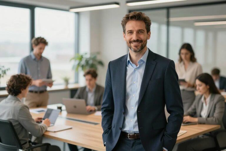 Selbstbewusster Unternehmer im Anzug — vom Solo-Founder zum CEO