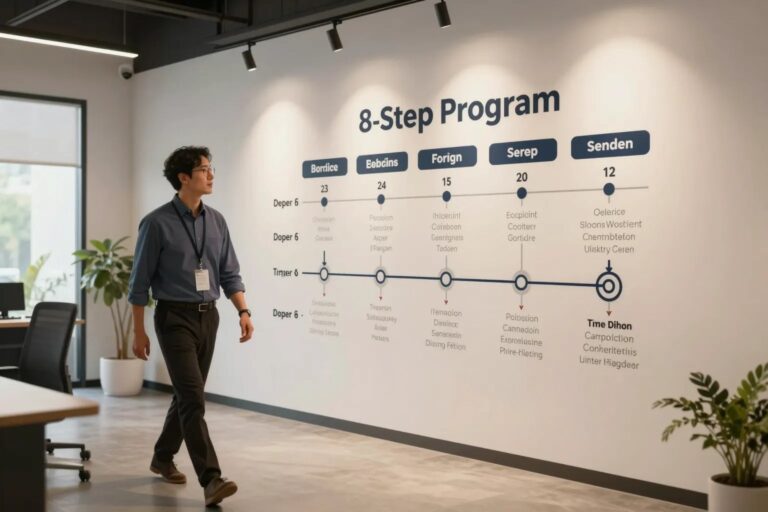 Coach und Gründer vor 8-Schritte-Roadmap an moderner Wand