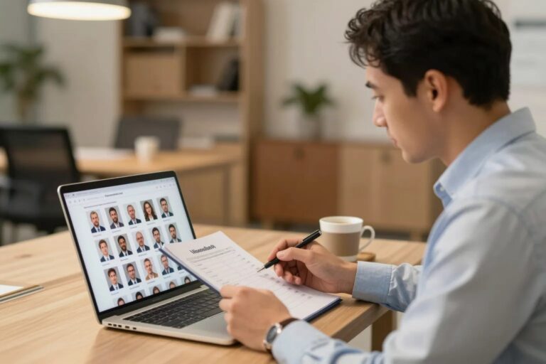 Business-Person prüft Mentor-Profile am Laptop mit Checkliste