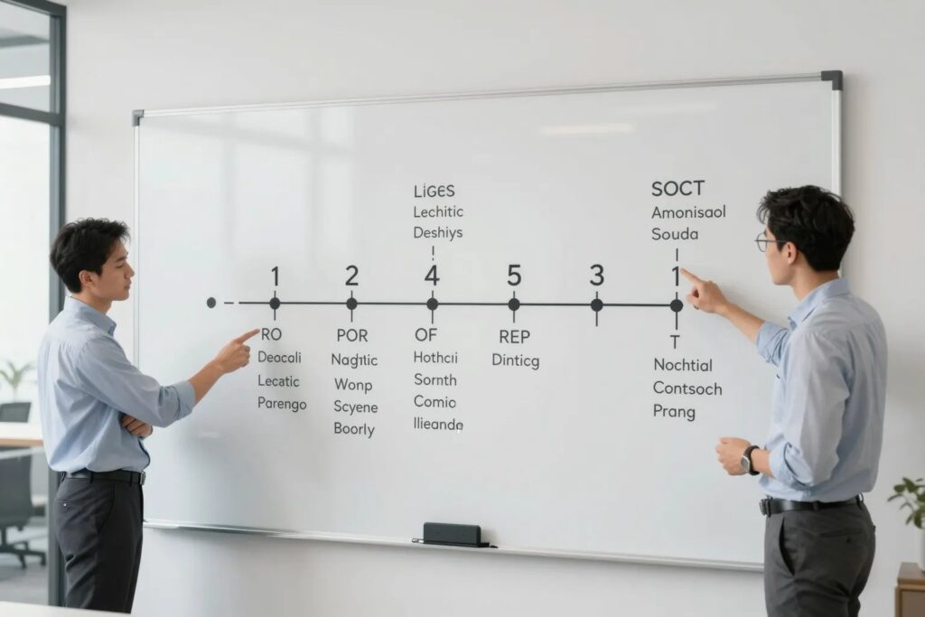 Roadmap-Visualisierung mit nummerierten Phasen auf Whiteboard