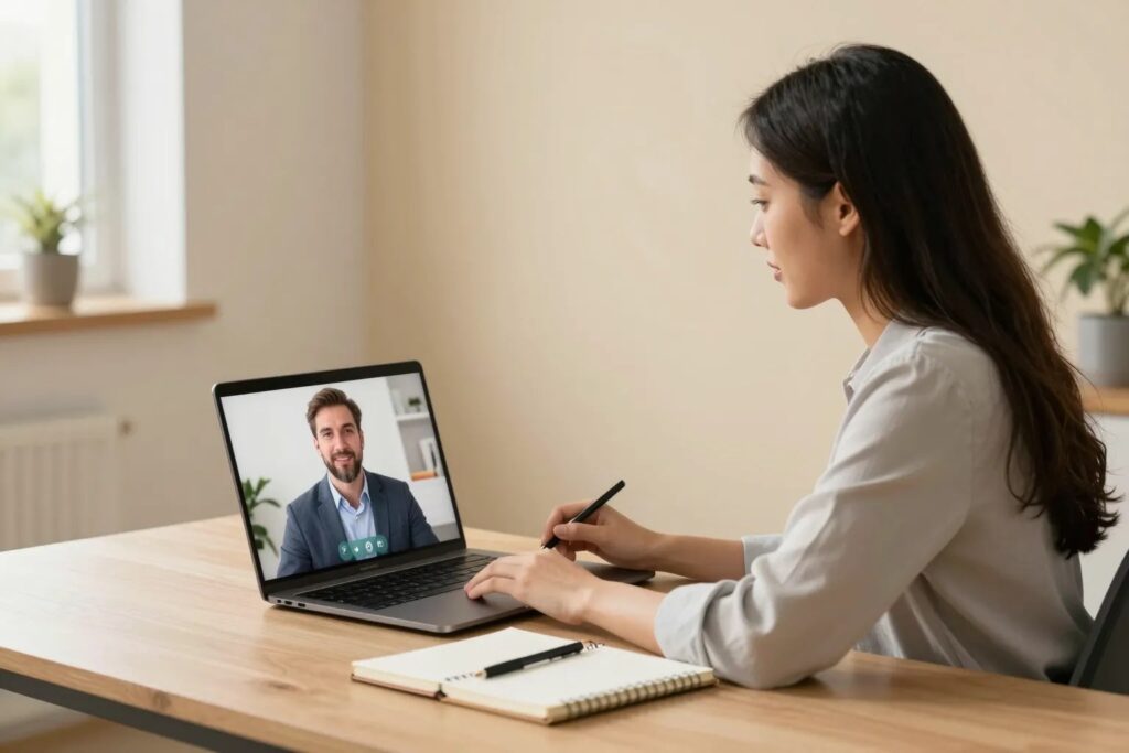 Videocall-Mentoring am Laptop mit physischem Schreibtisch