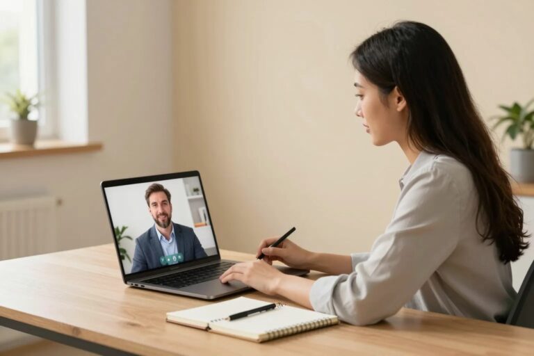 Videocall-Mentoring am Laptop mit physischem Schreibtisch