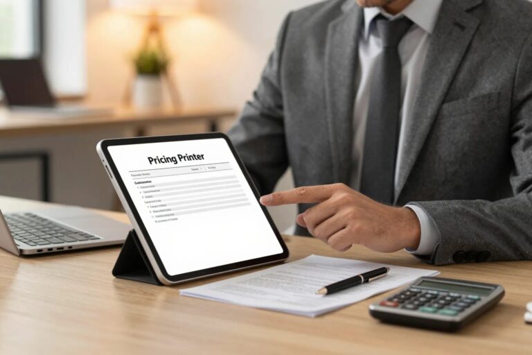 Unternehmer prüft Preisliste auf Tablet mit Vertrag und Rechner